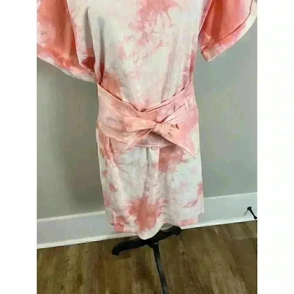 Rebecca Minkoff Tie Dye Pink T-Shirt Beach Dress With Belt Bow Rolled Sleeves XS - Picture 2 of 12